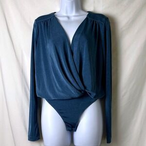 Intimately Free People Women Long Sleeve V-Neck Bodysuit Blue Size S Party Glam